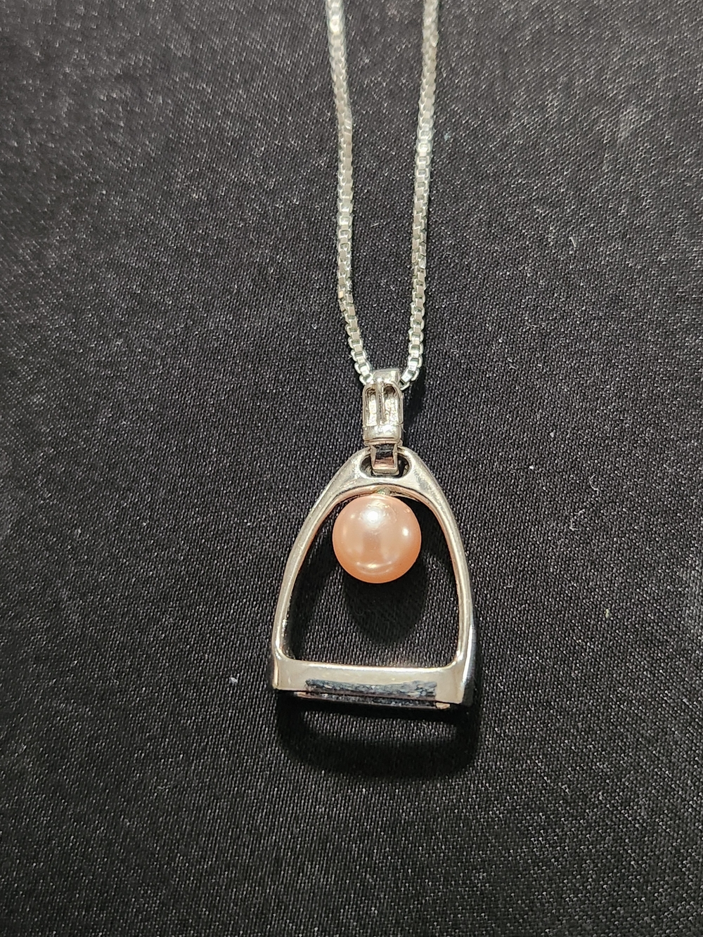 Vintage Sterling Silver 925 Pink Pearl Stirrup Pendant Necklace 18"
